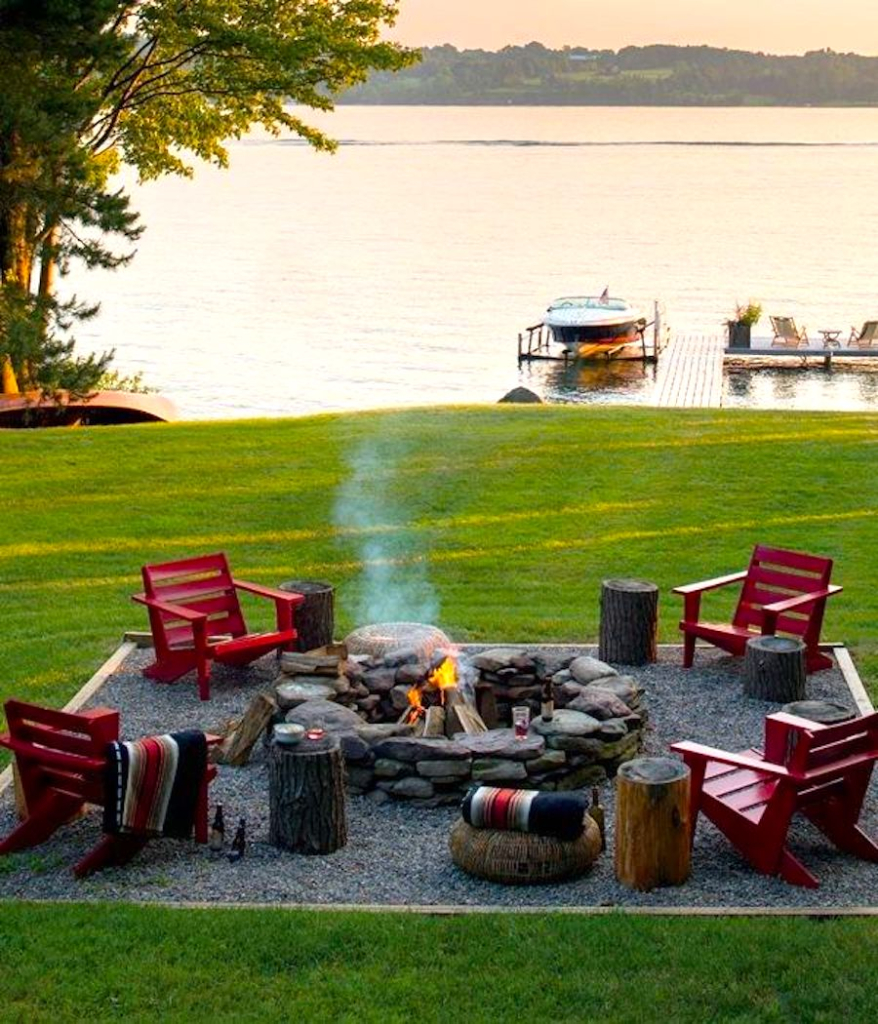 lakefront with bonfire
