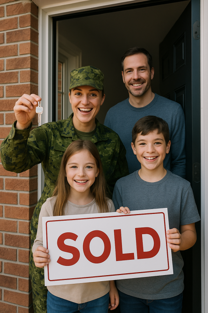Military family in doorway holding sold sign