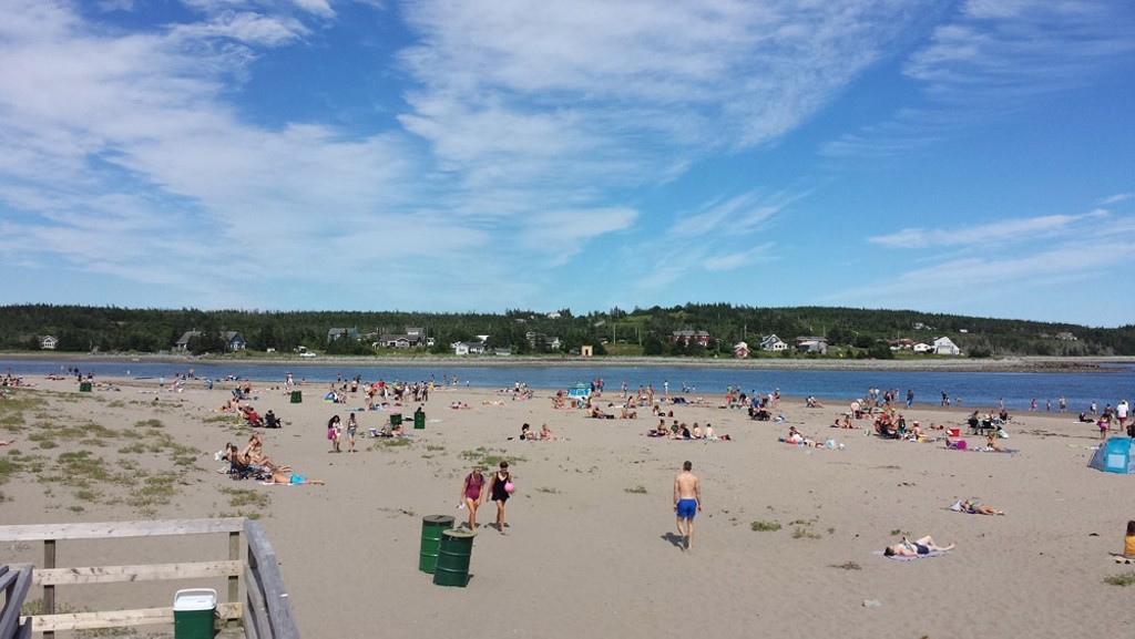Cow Bay Nova Scotia Rainbow Haven Beach with blue skies and people scattered